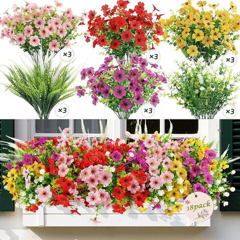 HOHOTIME 18 حزمة من الزهور الاصطناعية للخارج، نباتات زائفة من البلاستيك الربيعي، مقاومة للأشعة فوق البنفسجية الصناعية، الأوكالبتوس البنفسجي، الكاميليا، عشب الثعلب لحديقة الشرفة، النافذة المعلقة لديكور المنزل والزفاف in Kuwait