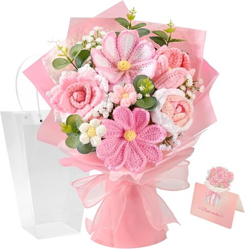 Waipfaru Pink Crochet Flower Bouquet, Handmade Knitted Fake Flowers with Card, Crochet Tulips Roses Flower for Valentines Day Anniversary Birthday Mother’s Day Women Mom Wife Friend in Kuwait