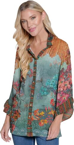 John Mark Women's Mix Print Button Front Top with Three Quarters Ruffle Detail Sleeves, Floral Multi in Kuwait