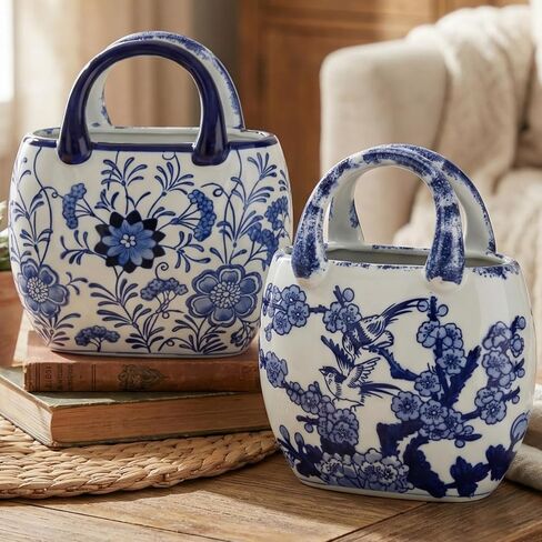 LemonRoad 2 Pcs Ceramic Purse Vase for Flowers Porcelain Blue and White Valentine's Day Arty Gifts Handbag Vases for Table Centerpiece Flowers Pottery Chinoiserie Living Room Kitchen Bedroom in Kuwait