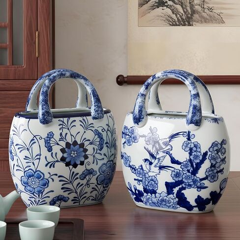 LemonRoad 2 Pcs Ceramic Purse Vase for Flowers Porcelain Blue and White Valentine's Day Arty Gifts Handbag Vases for Table Centerpiece Flowers Pottery Chinoiserie Living Room Kitchen Bedroom in Kuwait