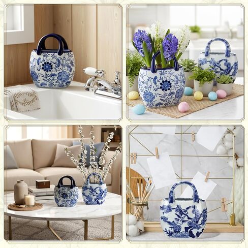 LemonRoad 2 Pcs Ceramic Purse Vase for Flowers Porcelain Blue and White Valentine's Day Arty Gifts Handbag Vases for Table Centerpiece Flowers Pottery Chinoiserie Living Room Kitchen Bedroom in Kuwait