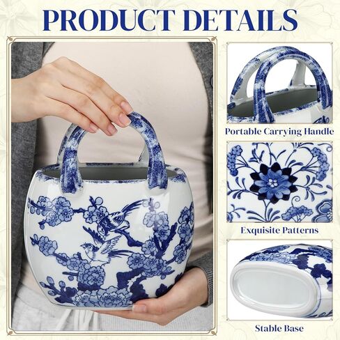 LemonRoad 2 Pcs Ceramic Purse Vase for Flowers Porcelain Blue and White Valentine's Day Arty Gifts Handbag Vases for Table Centerpiece Flowers Pottery Chinoiserie Living Room Kitchen Bedroom in Kuwait