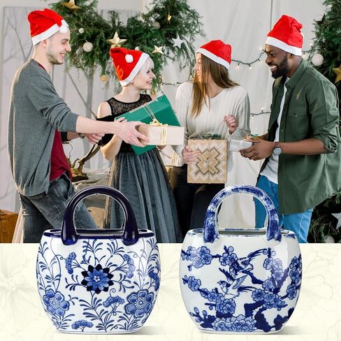 LemonRoad 2 Pcs Ceramic Purse Vase for Flowers Porcelain Blue and White Valentine's Day Arty Gifts Handbag Vases for Table Centerpiece Flowers Pottery Chinoiserie Living Room Kitchen Bedroom in Kuwait