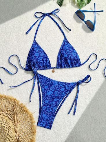 Sexy Blue Bikini Set for Women, Two Piece Swimsuit String Tie Side Floral Thong Beachwear in Saudi Arabia