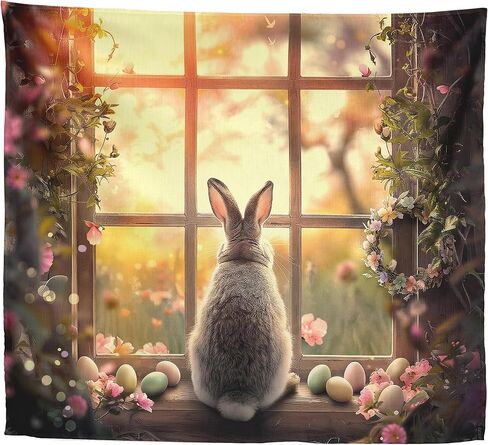 Xolytar Easter Bunny Window Tapestry - Rabbit Looking Out Rustic Window with Eggs Wall Art, Cottagecore Spring Morning Aesthetic, Cozy Bedroom Holiday Decor (50x60) in Kuwait