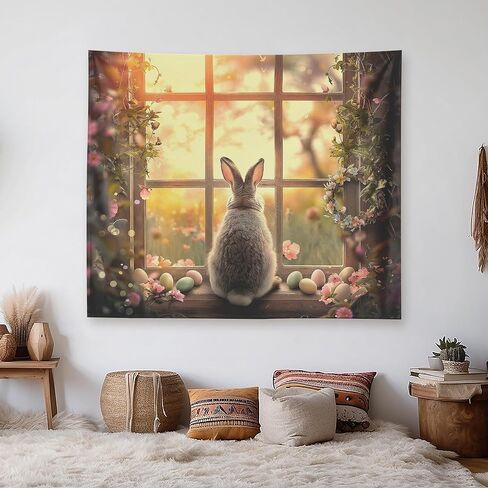 Xolytar Easter Bunny Window Tapestry - Rabbit Looking Out Rustic Window with Eggs Wall Art, Cottagecore Spring Morning Aesthetic, Cozy Bedroom Holiday Decor (50x60) in Kuwait
