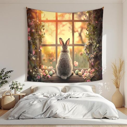 Xolytar Easter Bunny Window Tapestry - Rabbit Looking Out Rustic Window with Eggs Wall Art, Cottagecore Spring Morning Aesthetic, Cozy Bedroom Holiday Decor (50x60) in Kuwait