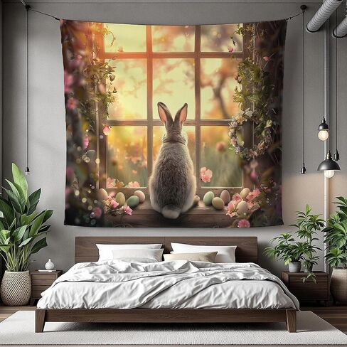 Xolytar Easter Bunny Window Tapestry - Rabbit Looking Out Rustic Window with Eggs Wall Art, Cottagecore Spring Morning Aesthetic, Cozy Bedroom Holiday Decor (50x60) in Kuwait