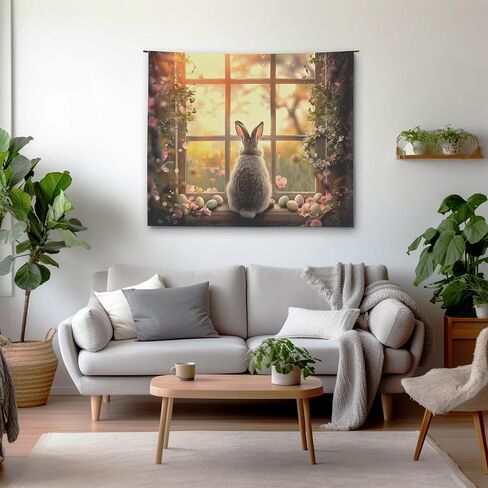 Xolytar Easter Bunny Window Tapestry - Rabbit Looking Out Rustic Window with Eggs Wall Art, Cottagecore Spring Morning Aesthetic, Cozy Bedroom Holiday Decor (50x60) in Kuwait