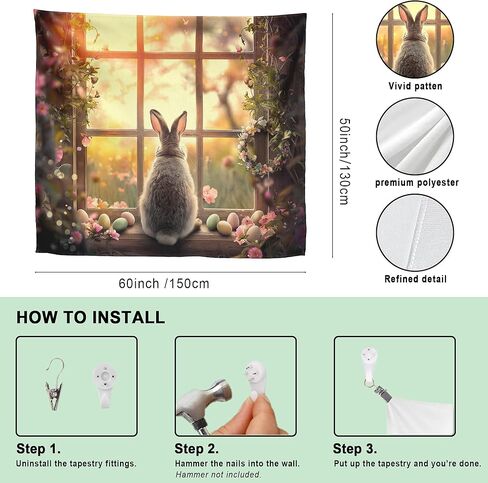 Xolytar Easter Bunny Window Tapestry - Rabbit Looking Out Rustic Window with Eggs Wall Art, Cottagecore Spring Morning Aesthetic, Cozy Bedroom Holiday Decor (50x60) in Kuwait