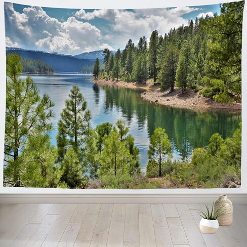 Loccor Forest Lake Tapestry Tahoe National Park Lakeside Green Trees Blue Sky Clouds Tapestry Summer Camping Wall Decor Home Bedroom Livig Room Decor 60''x40'' in Saudi Arabia