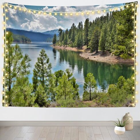 Loccor Forest Lake Tapestry Tahoe National Park Lakeside Green Trees Blue Sky Clouds Tapestry Summer Camping Wall Decor Home Bedroom Livig Room Decor 60''x40'' in Saudi Arabia