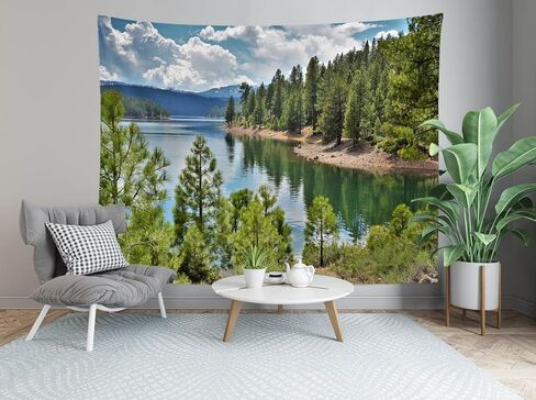 Loccor Forest Lake Tapestry Tahoe National Park Lakeside Green Trees Blue Sky Clouds Tapestry Summer Camping Wall Decor Home Bedroom Livig Room Decor 60''x40'' in Saudi Arabia