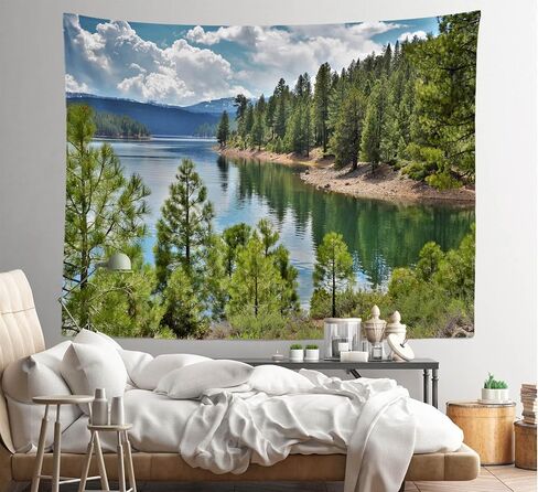 Loccor Forest Lake Tapestry Tahoe National Park Lakeside Green Trees Blue Sky Clouds Tapestry Summer Camping Wall Decor Home Bedroom Livig Room Decor 60''x40'' in Saudi Arabia