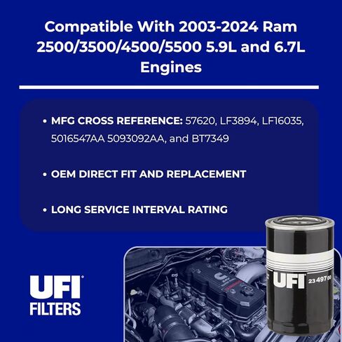 UFI - 23.497.00 Replacement Oil Filter Compatible with 2003-2024 Ram 2500/3500/4500/5500 5.9L and 6.7L Engines – UFI Is The OEM Supplier for 95% of Vehicle Manufacturers Globally in Kuwait