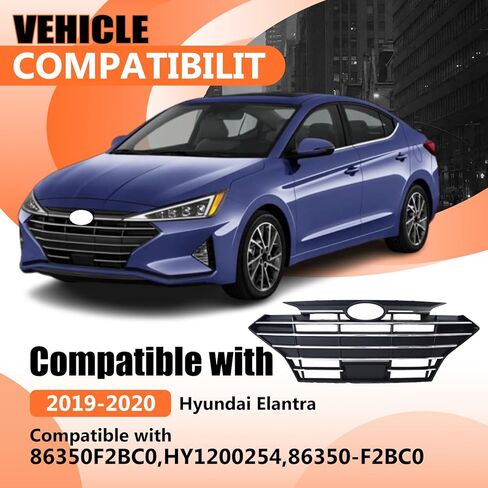 JX RACING Front Bumper Grill Upper Grille Compatible with Hyundai Elantra 2019-2020 Grille Assembly With Intelligent Cruise Control Cover Chrome+Matte Black 86350F2BC0 HY1200254 in Kuwait