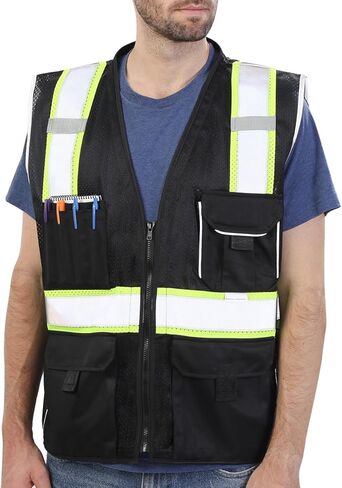 سترة أمان Dib شبكية صفراء عاكسة، سترة عالية الوضوح مع جيوب وسحاب، ANSI فئة 2 شديدة التحمل، مصنوعة من شريط عاكس 3M مقاس XL in Kuwait