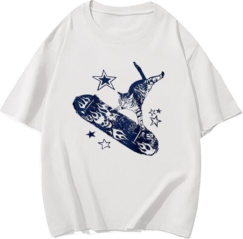 Unisex Cat Skateboard Star Print Round Neck Short Sleeves - Assorted Colors Casual T-Shirts in Saudi Arabia