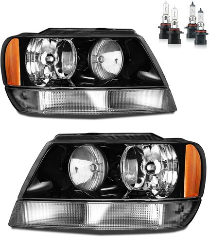 Headlights Assembly for 1999-2004 Jeep Grand Cherokee Headlamp Replacement Chrome Housing Amber Reflector Driver & Passenger Side in Saudi Arabia