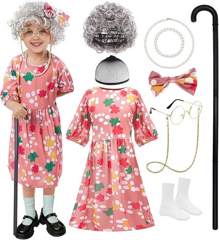 10 PCS Kids Old Lady Costume for Girls 100 Days of School Grandma Costume Old Lady Wig Cosplay Accessories Dress Up in Saudi Arabia