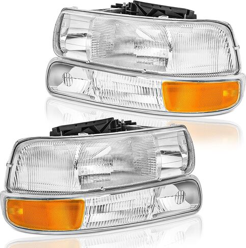 زوج تجميع المصابيح الأمامية لـ 1999-2002 Chevy Silverado 1500 2500/2000-2006 Tahoe Suburban OE Factory Style المصابيح الأمامية استبدال مصابيح الرأس مع أضواء ممتصة للصدمات، عدسات شفافة من الكروم in Kuwait