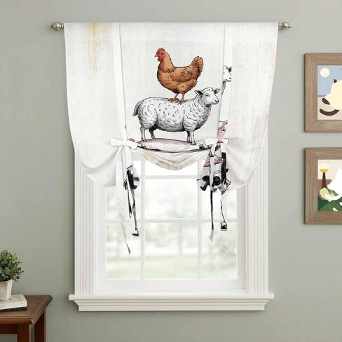 Farm Animals Tie Up Curtains for Window, Retro Farmhouse Cow Pig Chickens Sheeps Thermal Insulated Balloon Shade Adjustable Rod Pocket Curtains Valance Panels for Kitchen Bathroom Café 42'' x 63'' in Saudi Arabia
