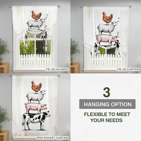 Farm Animals Tie Up Curtains for Window, Retro Farmhouse Cow Pig Chickens Sheeps Thermal Insulated Balloon Shade Adjustable Rod Pocket Curtains Valance Panels for Kitchen Bathroom Café 42'' x 63'' in Saudi Arabia