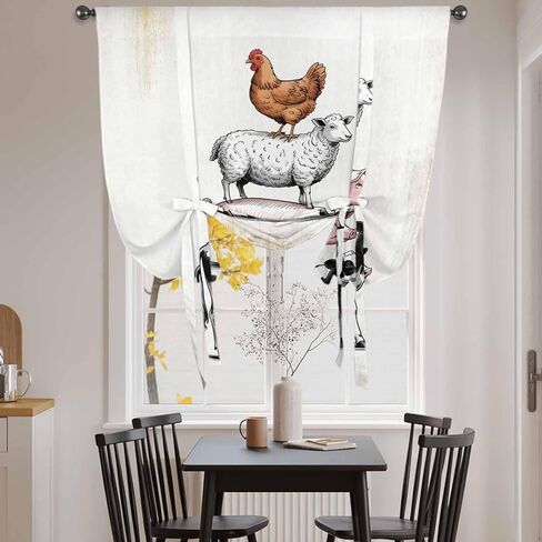 Farm Animals Tie Up Curtains for Window, Retro Farmhouse Cow Pig Chickens Sheeps Thermal Insulated Balloon Shade Adjustable Rod Pocket Curtains Valance Panels for Kitchen Bathroom Café 42'' x 63'' in Saudi Arabia