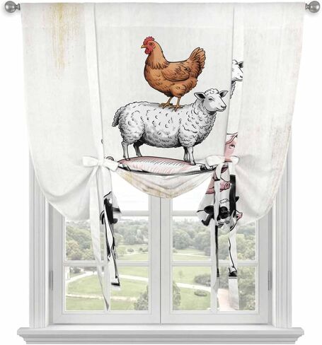 Farm Animals Tie Up Curtains for Window, Retro Farmhouse Cow Pig Chickens Sheeps Thermal Insulated Balloon Shade Adjustable Rod Pocket Curtains Valance Panels for Kitchen Bathroom Café 42'' x 63'' in Saudi Arabia