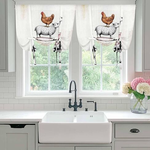 Farm Animals Tie Up Curtains for Window, Retro Farmhouse Cow Pig Chickens Sheeps Thermal Insulated Balloon Shade Adjustable Rod Pocket Curtains Valance Panels for Kitchen Bathroom Café 42'' x 63'' in Saudi Arabia