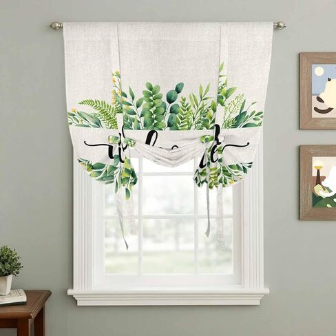 Eucalyptus Leaves Tie Up Curtains for Window, Farmhouse Vintage Green Leaf Branches Thermal Insulated Balloon Shade Adjustable Rod Pocket Curtains Valance Panels for Kitchen Bathroom Café 34'' x 45'' in Saudi Arabia
