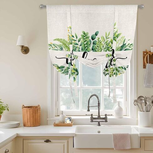 Eucalyptus Leaves Tie Up Curtains for Window, Farmhouse Vintage Green Leaf Branches Thermal Insulated Balloon Shade Adjustable Rod Pocket Curtains Valance Panels for Kitchen Bathroom Café 34'' x 45'' in Saudi Arabia