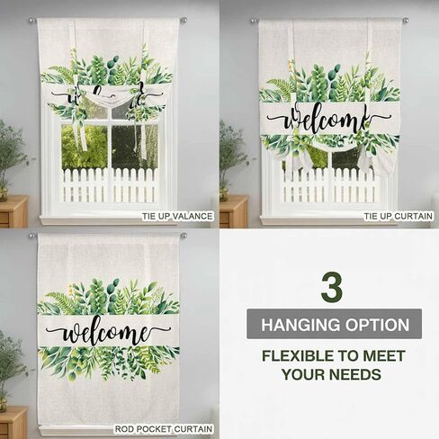Eucalyptus Leaves Tie Up Curtains for Window, Farmhouse Vintage Green Leaf Branches Thermal Insulated Balloon Shade Adjustable Rod Pocket Curtains Valance Panels for Kitchen Bathroom Café 34'' x 45'' in Saudi Arabia
