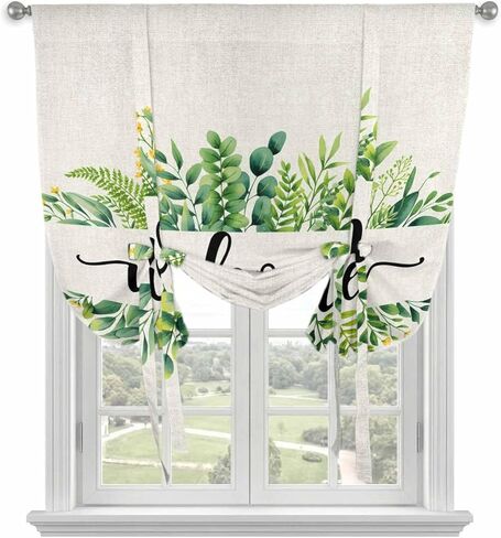 Eucalyptus Leaves Tie Up Curtains for Window, Farmhouse Vintage Green Leaf Branches Thermal Insulated Balloon Shade Adjustable Rod Pocket Curtains Valance Panels for Kitchen Bathroom Café 34'' x 45'' in Saudi Arabia