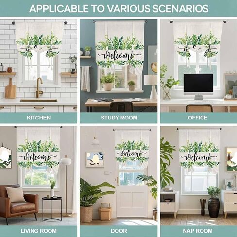 Eucalyptus Leaves Tie Up Curtains for Window, Farmhouse Vintage Green Leaf Branches Thermal Insulated Balloon Shade Adjustable Rod Pocket Curtains Valance Panels for Kitchen Bathroom Café 34'' x 45'' in Saudi Arabia