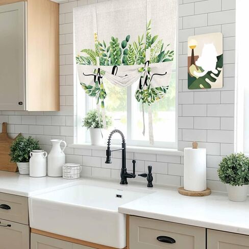 Eucalyptus Leaves Tie Up Curtains for Window, Farmhouse Vintage Green Leaf Branches Thermal Insulated Balloon Shade Adjustable Rod Pocket Curtains Valance Panels for Kitchen Bathroom Café 34'' x 45'' in Saudi Arabia