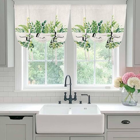 Eucalyptus Leaves Tie Up Curtains for Window, Farmhouse Vintage Green Leaf Branches Thermal Insulated Balloon Shade Adjustable Rod Pocket Curtains Valance Panels for Kitchen Bathroom Café 34'' x 45'' in Saudi Arabia
