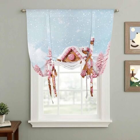 Pink Christmas Tie Up Curtains for Window, Xmas Tree Blue Sky Snowflake Farmhouse Thermal Insulated Balloon Shade Adjustable Rod Pocket Curtains Valance Panels for Kitchen Bathroom Café 46'' x 63'' in Saudi Arabia