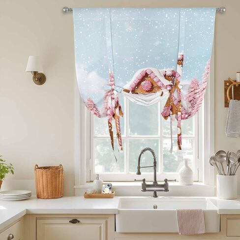Pink Christmas Tie Up Curtains for Window, Xmas Tree Blue Sky Snowflake Farmhouse Thermal Insulated Balloon Shade Adjustable Rod Pocket Curtains Valance Panels for Kitchen Bathroom Café 46'' x 63'' in Saudi Arabia
