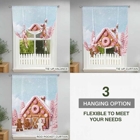 Pink Christmas Tie Up Curtains for Window, Xmas Tree Blue Sky Snowflake Farmhouse Thermal Insulated Balloon Shade Adjustable Rod Pocket Curtains Valance Panels for Kitchen Bathroom Café 46'' x 63'' in Saudi Arabia