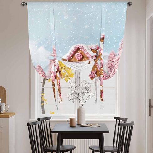 Pink Christmas Tie Up Curtains for Window, Xmas Tree Blue Sky Snowflake Farmhouse Thermal Insulated Balloon Shade Adjustable Rod Pocket Curtains Valance Panels for Kitchen Bathroom Café 46'' x 63'' in Saudi Arabia