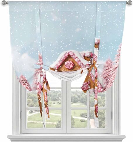 Pink Christmas Tie Up Curtains for Window, Xmas Tree Blue Sky Snowflake Farmhouse Thermal Insulated Balloon Shade Adjustable Rod Pocket Curtains Valance Panels for Kitchen Bathroom Café 46'' x 63'' in Saudi Arabia