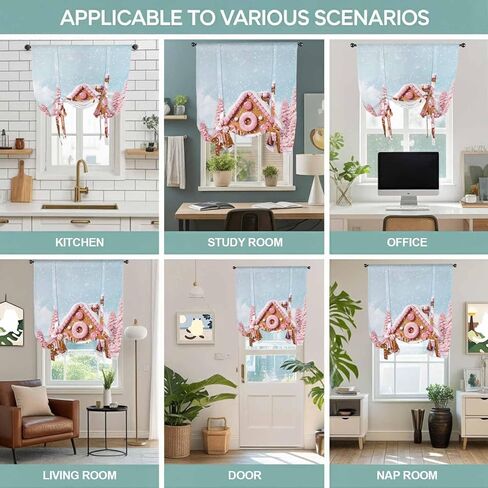 Pink Christmas Tie Up Curtains for Window, Xmas Tree Blue Sky Snowflake Farmhouse Thermal Insulated Balloon Shade Adjustable Rod Pocket Curtains Valance Panels for Kitchen Bathroom Café 46'' x 63'' in Saudi Arabia