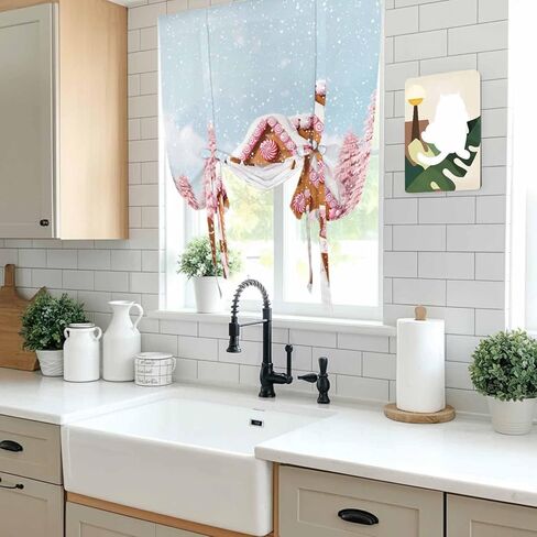 Pink Christmas Tie Up Curtains for Window, Xmas Tree Blue Sky Snowflake Farmhouse Thermal Insulated Balloon Shade Adjustable Rod Pocket Curtains Valance Panels for Kitchen Bathroom Café 46'' x 63'' in Saudi Arabia