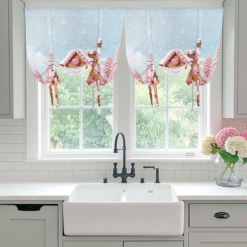 Pink Christmas Tie Up Curtains for Window, Xmas Tree Blue Sky Snowflake Farmhouse Thermal Insulated Balloon Shade Adjustable Rod Pocket Curtains Valance Panels for Kitchen Bathroom Café 46'' x 63'' in Saudi Arabia