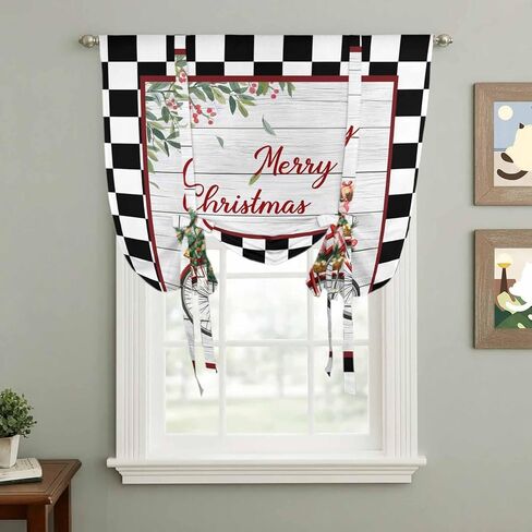 Christmas Tie Up Curtains for Window, Winter Xmas Tree Farmhouse Wooden Grain Plaid Thermal Insulated Balloon Shade Adjustable Rod Pocket Curtains Valance Panels for Kitchen Bathroom Café 42'' x 45'' in Saudi Arabia