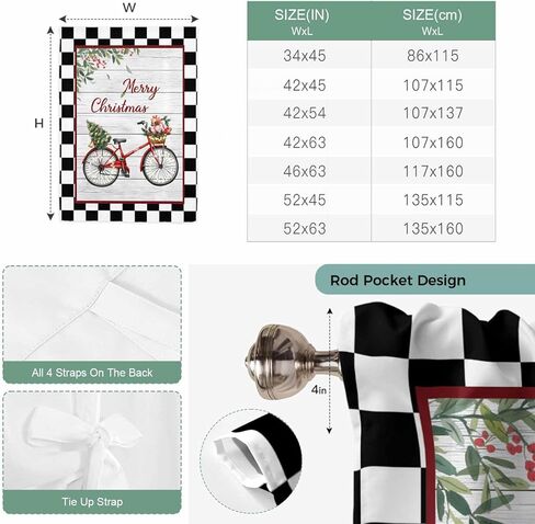 Christmas Tie Up Curtains for Window, Winter Xmas Tree Farmhouse Wooden Grain Plaid Thermal Insulated Balloon Shade Adjustable Rod Pocket Curtains Valance Panels for Kitchen Bathroom Café 42'' x 45'' in Saudi Arabia