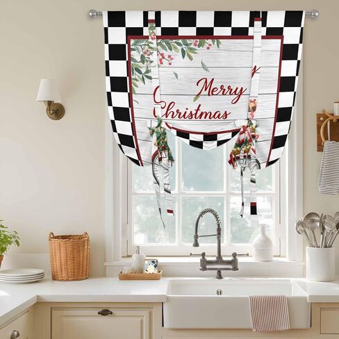Christmas Tie Up Curtains for Window, Winter Xmas Tree Farmhouse Wooden Grain Plaid Thermal Insulated Balloon Shade Adjustable Rod Pocket Curtains Valance Panels for Kitchen Bathroom Café 42'' x 45'' in Saudi Arabia