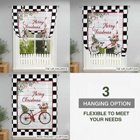 Christmas Tie Up Curtains for Window, Winter Xmas Tree Farmhouse Wooden Grain Plaid Thermal Insulated Balloon Shade Adjustable Rod Pocket Curtains Valance Panels for Kitchen Bathroom Café 42'' x 45'' in Saudi Arabia
